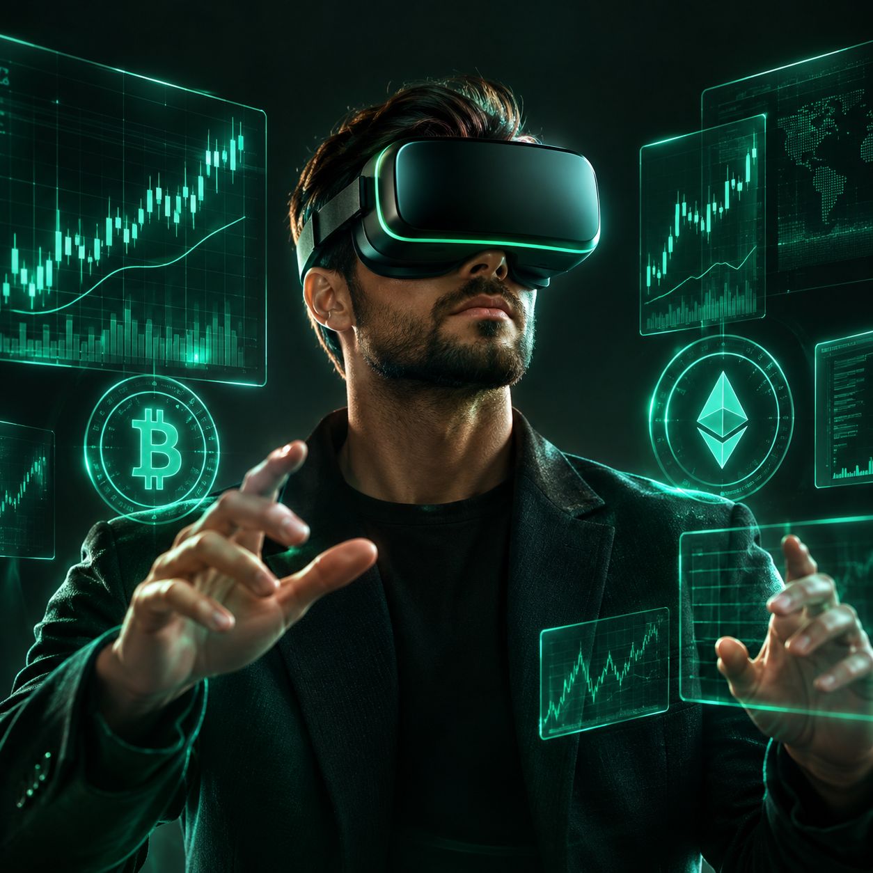 Trader wearing a vr headset surrounded by holographic crypto charts
