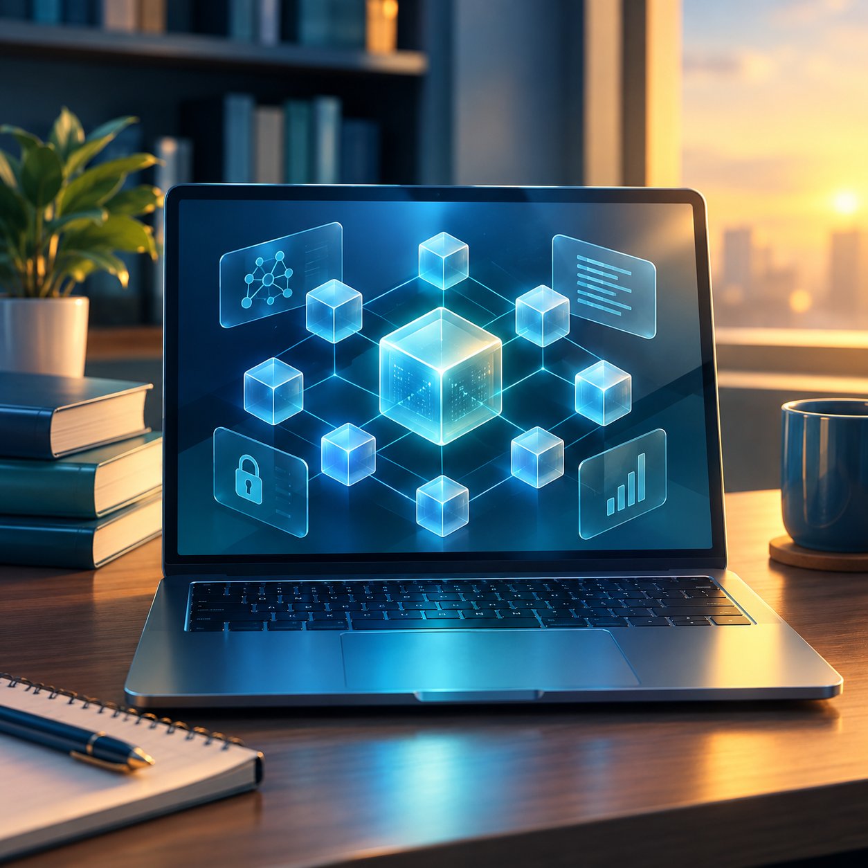 Student laptop showing blockchain diagrams in a cozy study