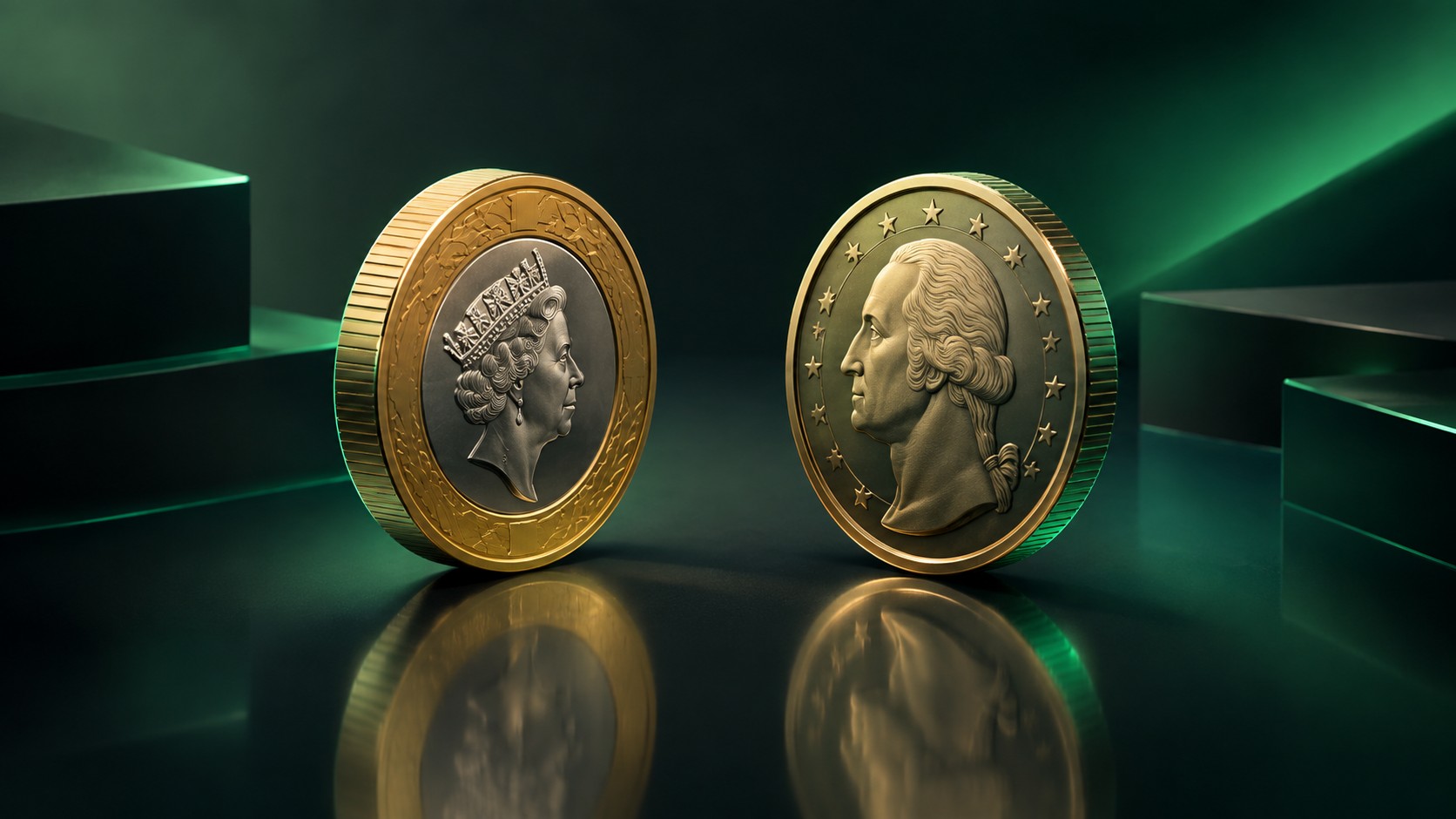British pound coin and a us dollar coin facing each other on a reflective surface