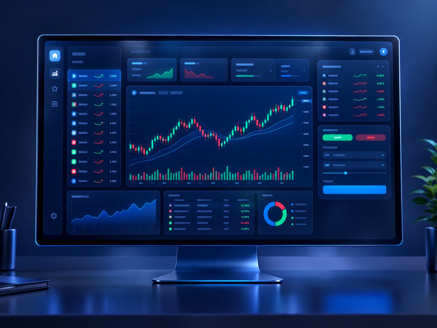 Premium dark mode trading dashboard on a wide monitor