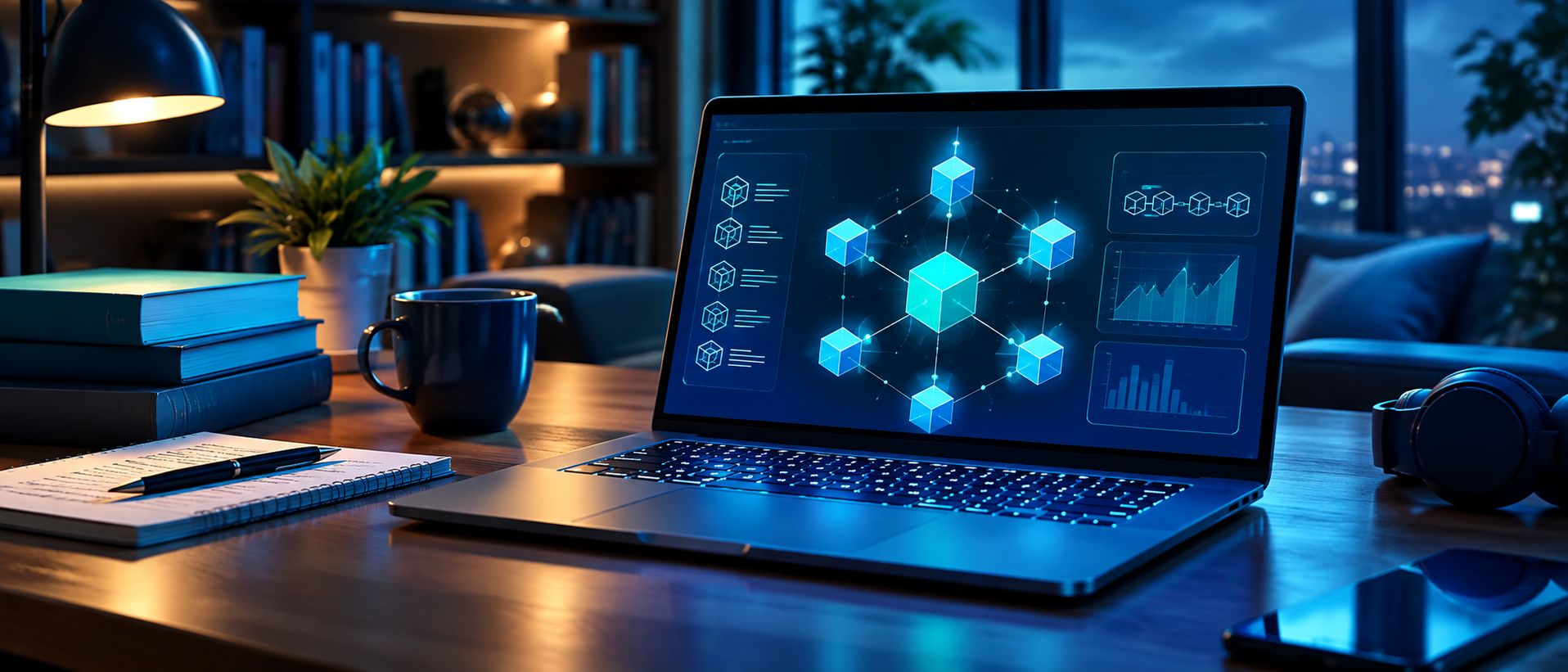 Student laptop showing blockchain diagrams in a cozy study