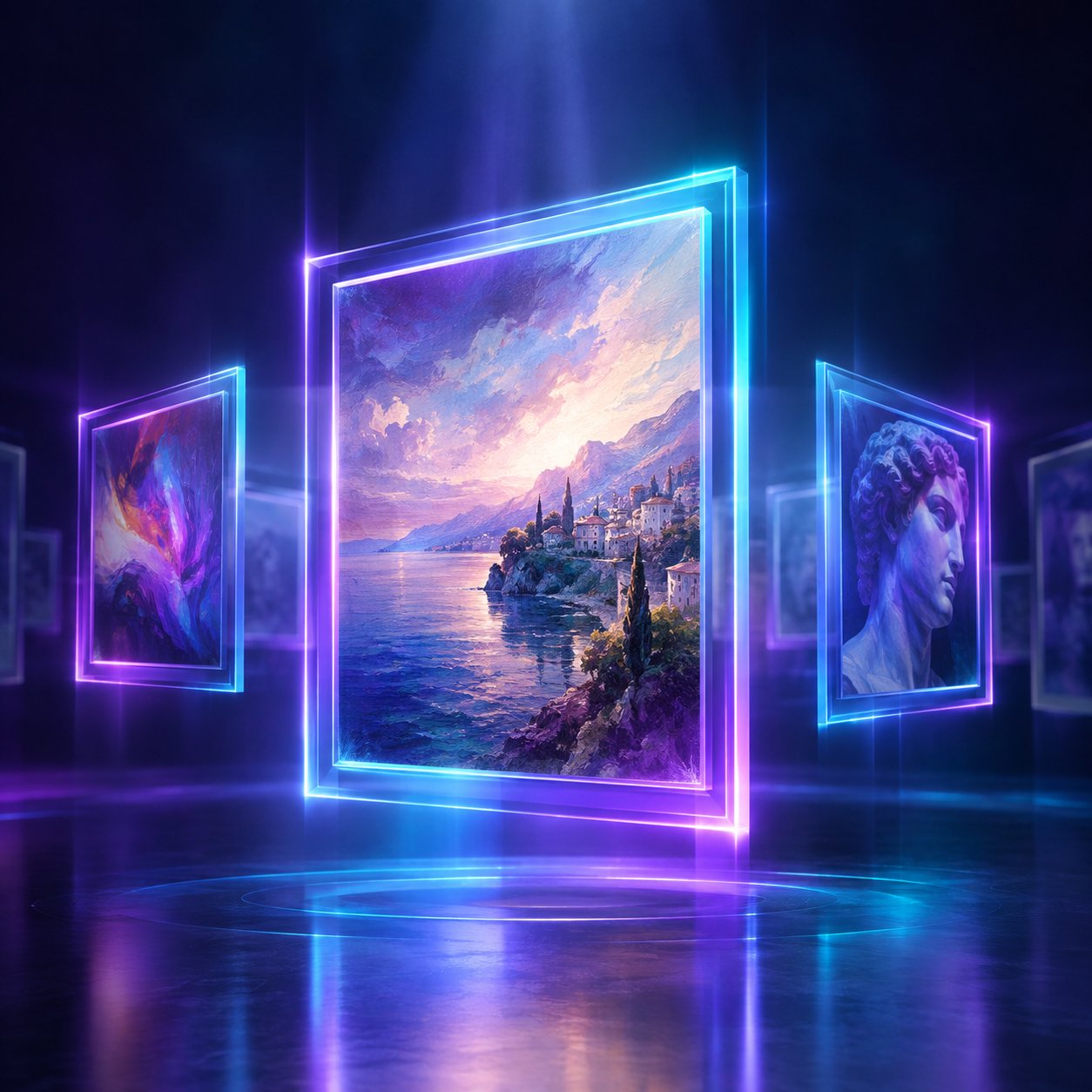 Floating digital art frames made of light in a virtual gallery