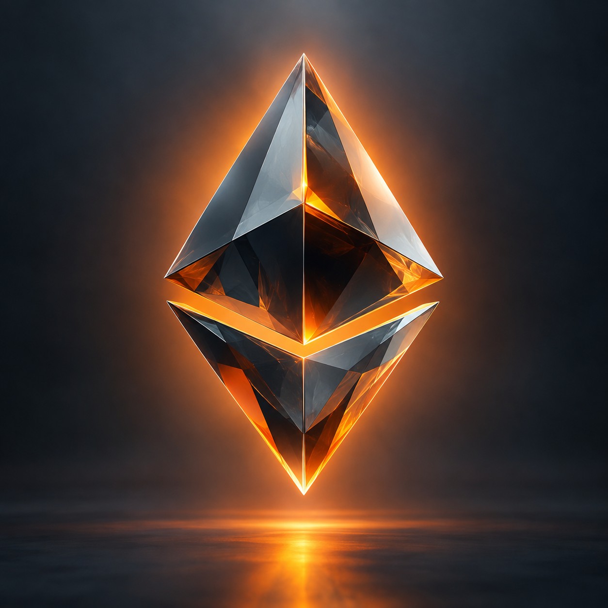 Floating faceted crystal diamond shape in the style of the ethereum symbol