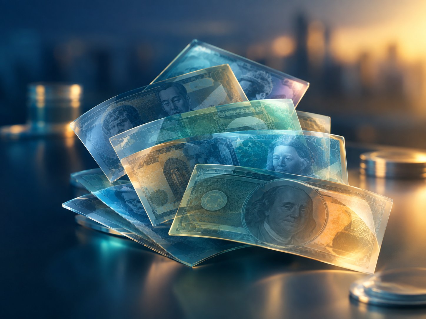 Artful spread of international banknotes with no readable text shallow depth of field